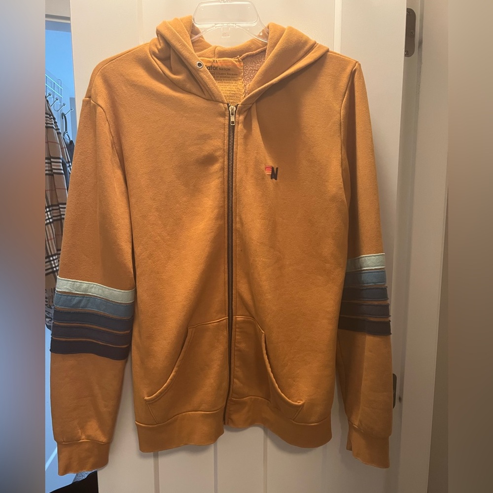 Aviator Nation Mustard Hoodie with Blue Stripes